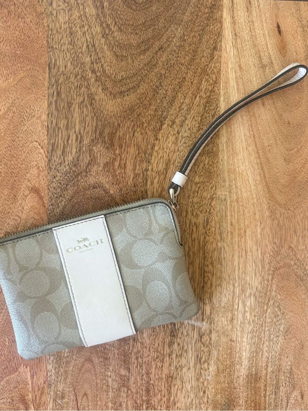 Coach Beige Signature Canvas Wristlet with White Stripe